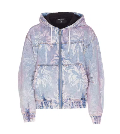 Balmain Printed Denim Bomber Jacket In Blue