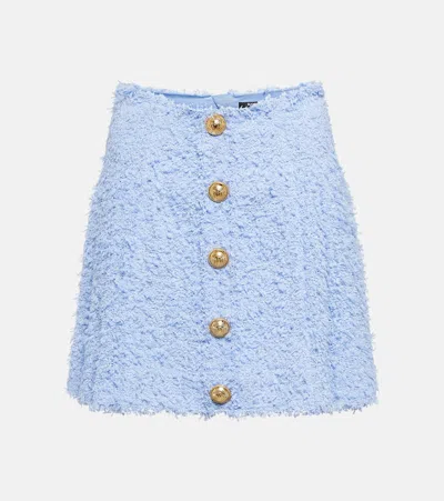 Balmain Tweed Buttoned Mini Skirt In Light Blue