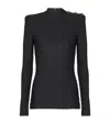 Balmain Ls Bouclette Monogram-pattern Button Top In Black