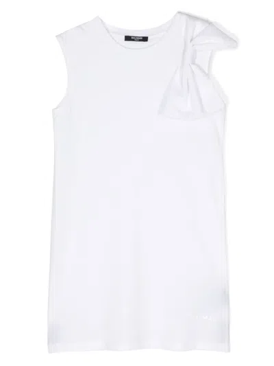 Balmain Kids' Bow-detail Cotton Minidress In White