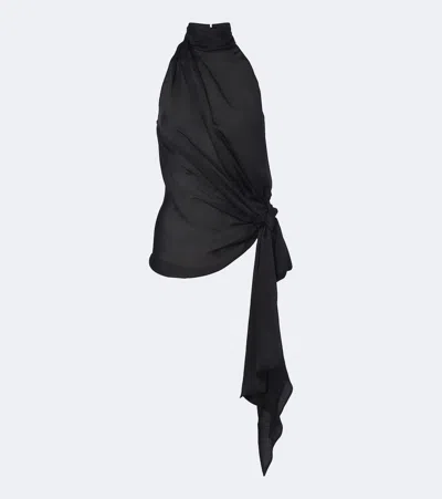 Balmain Bow-detail Halterneck Silk Satin Top In Black