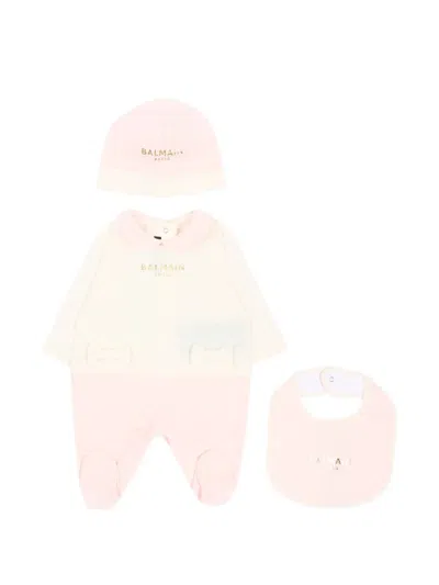 Balmain Bow-detail Logo-print Babygrow Set In Neutral