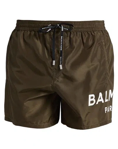 Balmain Boxer Man Swim Trunks Military Green Size L Polyester In Green