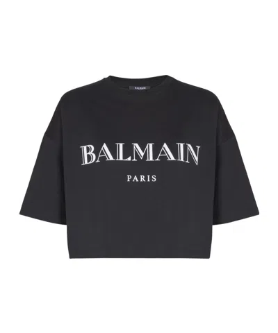 Balmain Boxy Cropped T-shirt With  Print In Black
