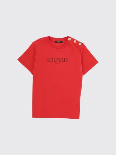 Balmain Kids'  Boy's Cotton T-shirt With Shoulder Buttons And Logo Print In Red