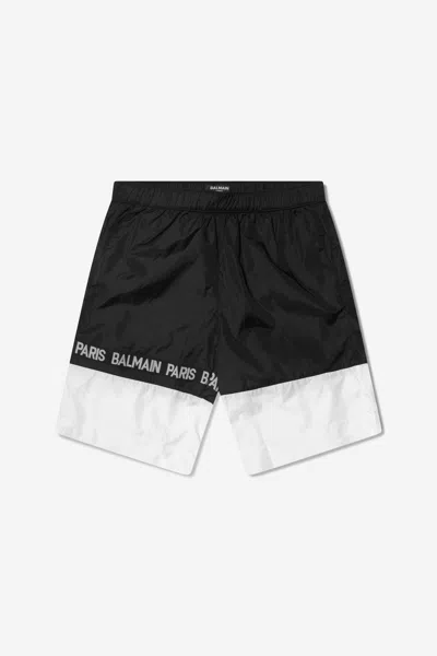 Balmain Kids' Logo Tape Colour Block Swim Shorts In Black