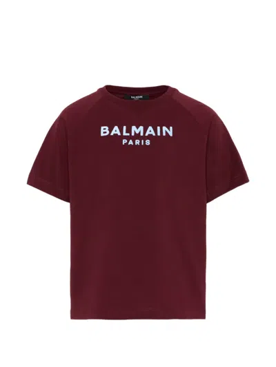 Balmain Boys Crew Neck Short-sleeve T-shirt With Front Logo, 100% Cotton In Rosso