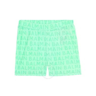 Balmain Boys Logo Print Polyester Swim Shorts In Green