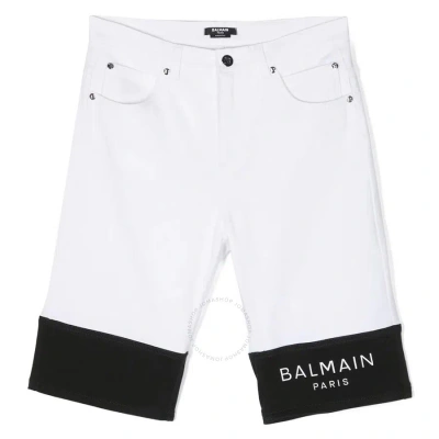 Balmain Boys White / Black Stretch Denim Shorts In White/black