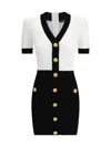 Balmain V-neck Buttoned Strong-shoulder Torsade Knit Mini Dress In White