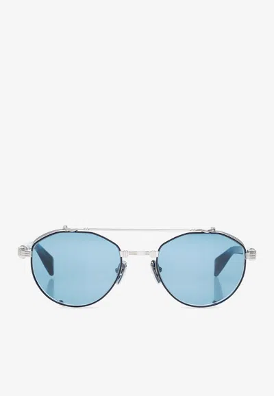 Balmain Brigade Oval Sunglasses In Silver