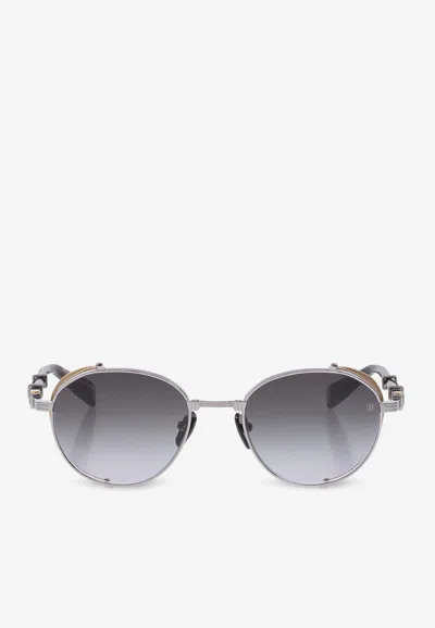 Balmain Brigade Round Sunglasses In Gray