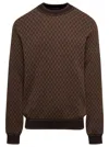BALMAIN BROWN CREWNECK SWEATER WITH ALL-OVER RETRO MONOGRAM PRINT IN STRETCH WOOL MAN