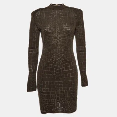 Pre-owned Balmain Brown Crocodile Patterned Jersey Fitted Mini Dress L