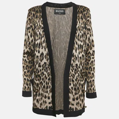 Pre-owned Balmain Brown Leopard Jacquard Knit Button Detail Open Front Cardigan M