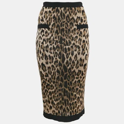 Pre-owned Balmain Brown Leopard Jacquard Pencil Skirt S