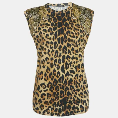 Pre-owned Balmain Brown Leopard Print Embellished Cotton Blend Knit Tank Top M