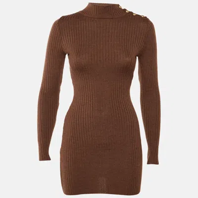 Pre-owned Balmain Brown Merino Wool Knit Bodycon Dress S