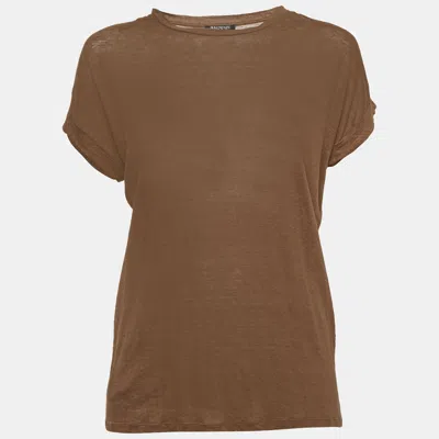 Pre-owned Balmain Brown Stretch Linen Jersey Rolled Sleeve T-shirt S
