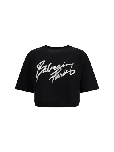 Balmain Brush Print Boxy Cropped T-shirt In Black