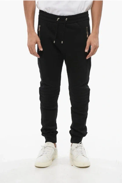Balmain Brushed Cotton Biker Joggers With Embossed Logo In Black