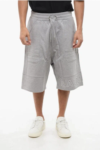 Balmain Brushed Cotton Shorts With Embossed Logo