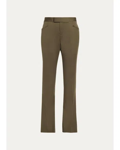 Balmain Buckle-waist Wool Satin Straight-leg Pants In Green