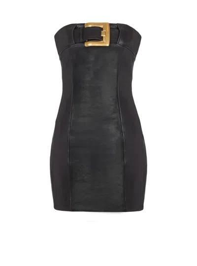 Balmain Belted Strapless Leather Mini Bustier Dress In Black