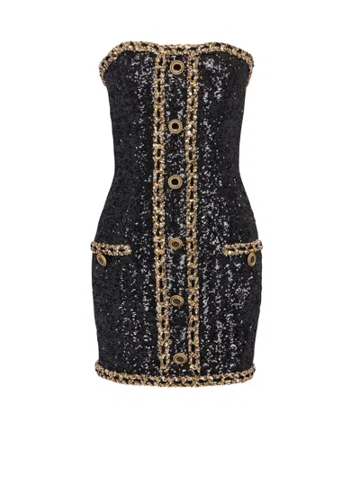 Balmain Bustier Dress With Sequin Embroidery In Black