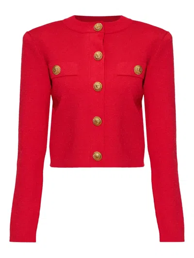 Balmain Cropped Cardigan Round Neck Gold Buttons In Red