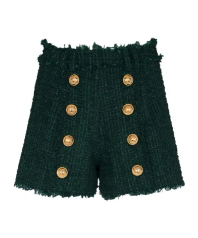 Balmain Frayed Button-embellished Bouclé Shorts In Green
