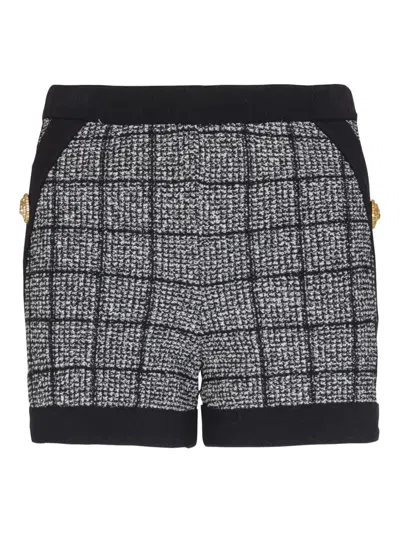 Balmain Tweed Shorts Checked Pattern Gold Buttons Trim In Gray
