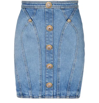 Balmain Buttoned Mini Denim Skirt In Blue