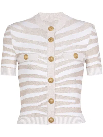 Balmain Button-embellished Metallic Ribbed-knit Cardigan In White Gold