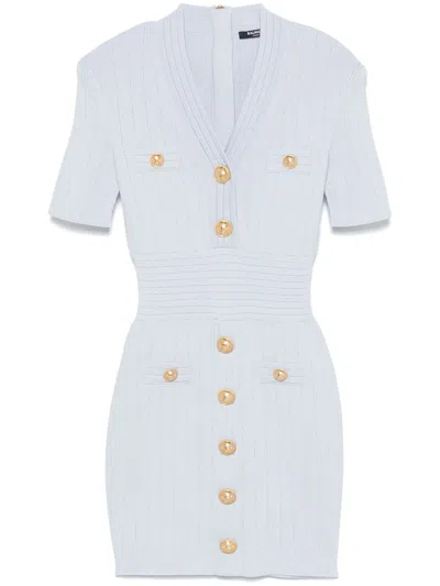 Balmain Button-detail Knitted Mini Dress In Blue