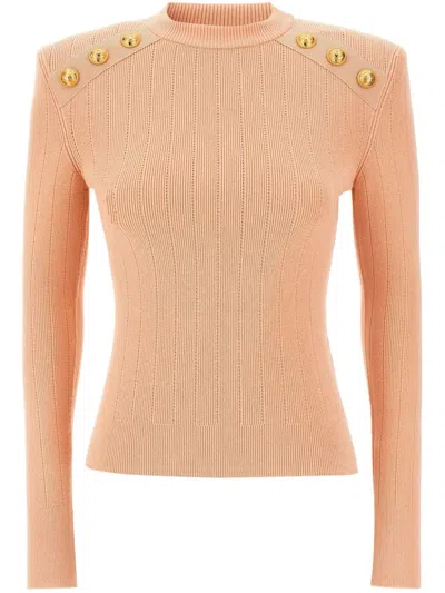 Balmain Ribbed Crew Neck Sweater With Gold Buttons In Pink