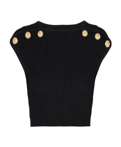 Balmain 6-button Pointelle Knit Crop Top In Black