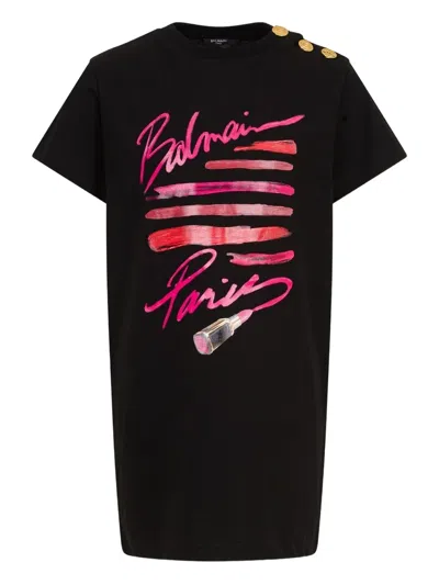 Balmain Kids' Button-detail Logo-print Dress In Black