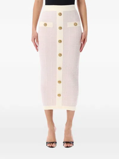 Balmain Tweed Skirt High Waist Gold Tone Buttons In White