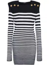 Balmain Button-embellished Striped Ribbed Cotton-blend Mini Dress In Black