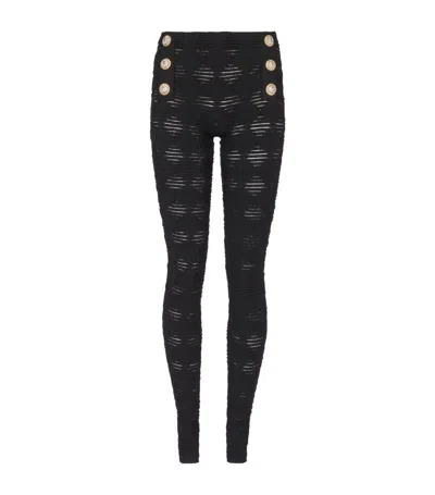 Balmain Embossed-button Open-knit Leggings In Black
