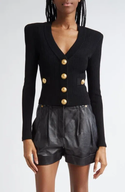 Balmain Button Detail Rib V-neck Cardigan In Black