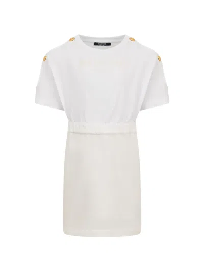Balmain Kids' Button-detail Short-sleeve Mini Dress In White