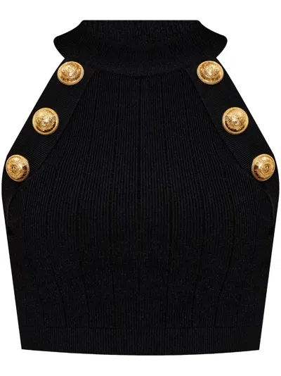 Balmain Cropped Knit Top With Gold Buttons In Noir
