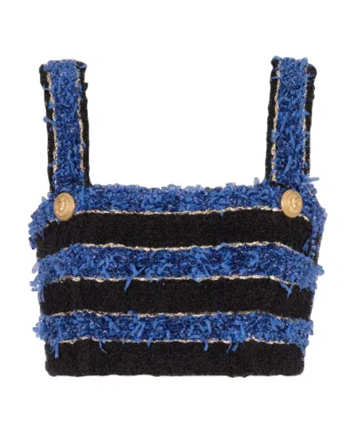 Balmain Striped Tweed Crop Top In Black