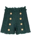 Balmain Frayed Button-embellished Bouclé Shorts In Green