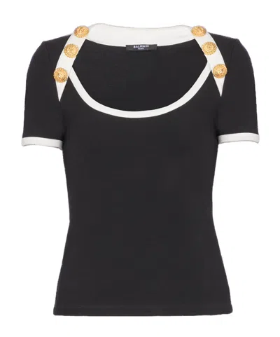 BALMAIN BALMAIN BUTTON EMBELLISHED TWO-TONED T-SHIRT