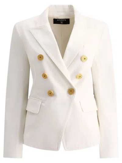 Balmain Button Detailed Denim Blazer In White