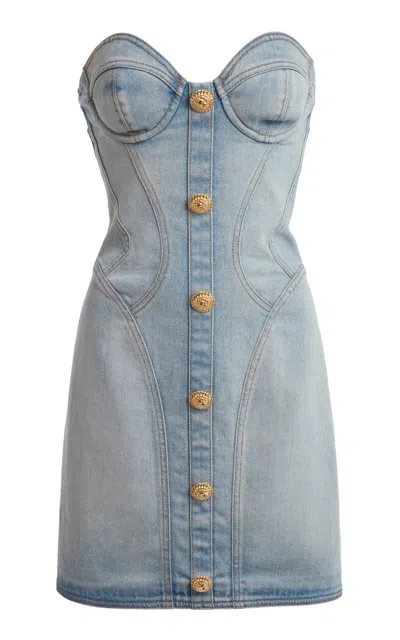 Balmain Button-detailed Denim Bustier Mini Dress In Blue