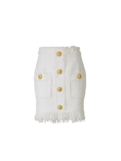 Balmain Button Detailed Fringed Hem Mini Skirt In White